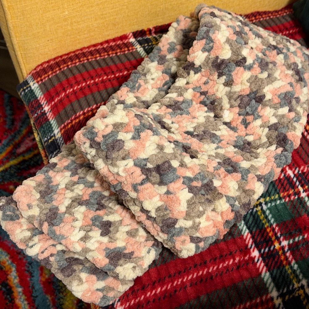 New Handmade Crochet Cozy Pink, Blue, Gray, Purple and white Super Soft Scarf